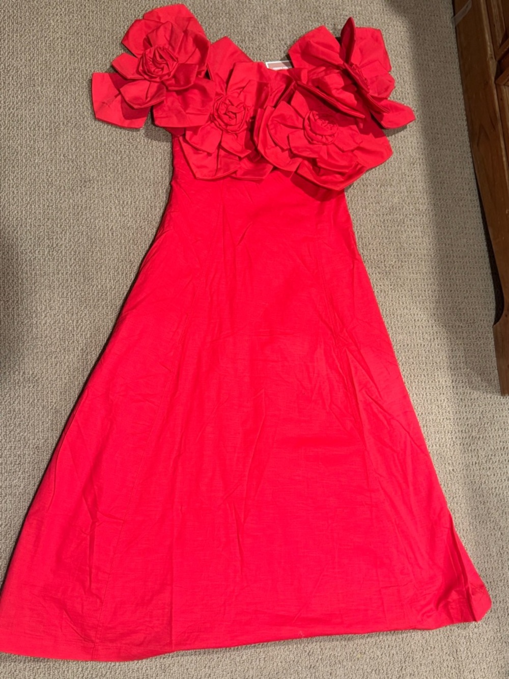Women’s Red Midi Dress with Floral Shoulder Detail NWT
